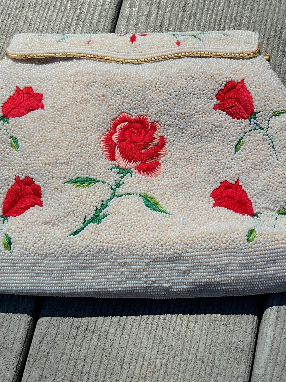 Antique White Mirco Beaded Purse with Red Rose Embroidery